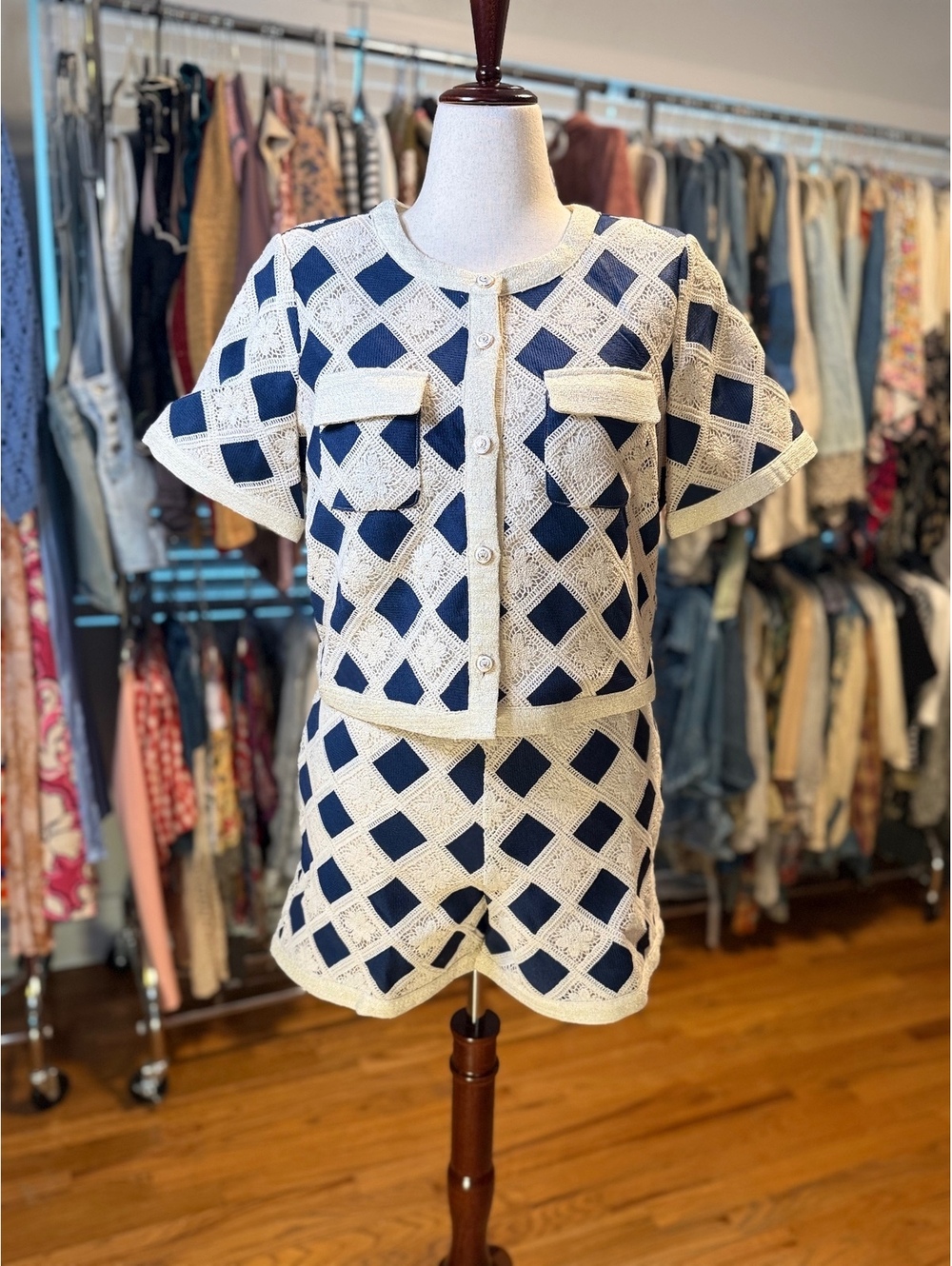 CURRENT AIR Navy Ivory Geometric Crochet Top & Shorts Set NWT Large